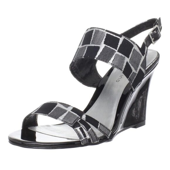 ANN MARINO WOMEN'S MINDY BLACK AND SILVER WEDGE SANDAL SZ 10 - Picture 1 of 7